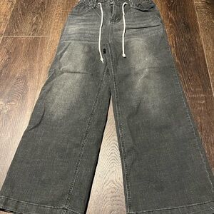 Gray Wide-Leg Elastic Waist Denim Pants